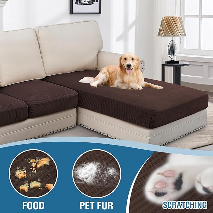 H.VERSAILTEX Velvet Stretch Sectional Couch Covers - 3 Piece L Shape Separate Cushion Set for Large 2 Seater + 1 Chaise, Brown Striped-Ruum Studio Home