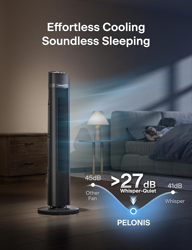 PELONIS 40 inch Bladeless Tower Fan for Bedroom, Standing Fan with Remote Control, 26ft/s, 90° Oscillation, 3 Speed Settings, 27 Db, 3 Modes, 15-Hour Timer, LED Display, Fan that Blows Cold Air, Grey-Ruum Studio Home