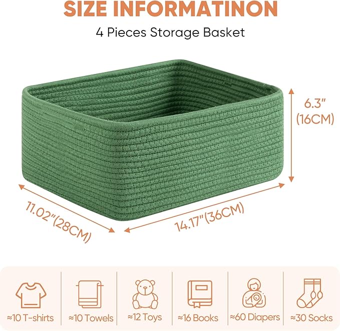OIAHOMY 4 Pack 14.17*11.02*6.3IN Storage Baskets for Organizing Shelves, Woven Rope Baskets for Organizing Books, Clothes, Decorative Basket for Living Room, Nursery, Bedroom, Gift Basket, Green-Ruum Studio Home
