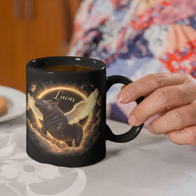 Personalized Choose Name Coffee Mug, Custom Hippo Ceramic Coffee Cup 11oz 15oz, Fantasy Animal Black Cup for Kids, Custom Whimsical Hippo with Wings Mug, Gifts for Holiday-Ruum Studio Home