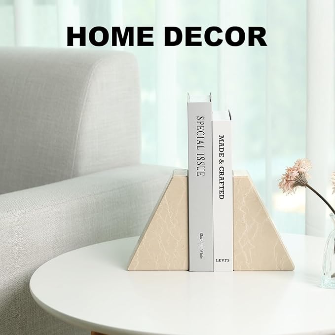 Marble Bookends for Heavy Books, Decorative Book Ends for Shelves, Durable and Heavy-Duty Stone Bookends for Hardback Book & CDS, Unique Book Stopper & Holder, New Jura Beige-Vein, Set of 2-Ruum Studio Home