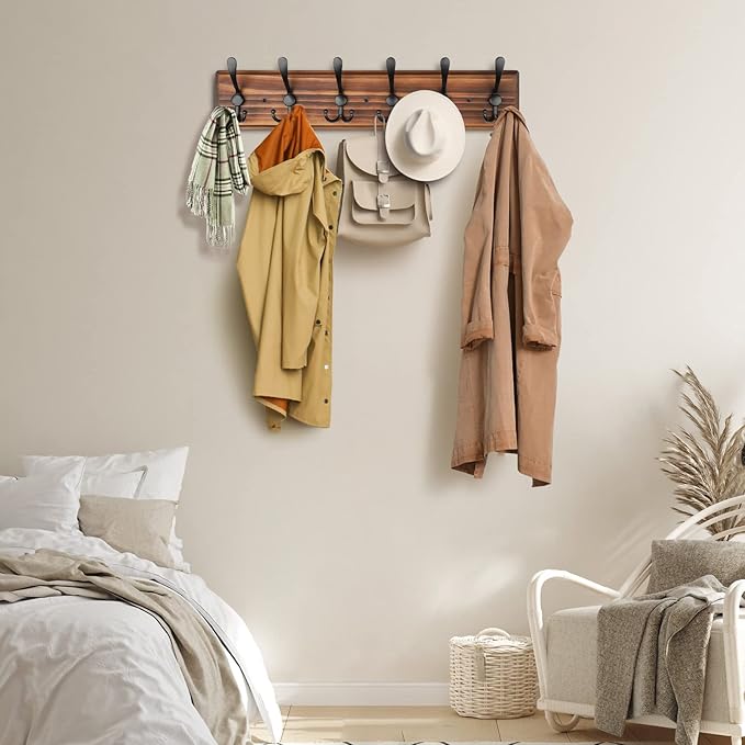 Coat Rack Wall Mount, Wooden Heavy Duty Coat Rack for Wall,6 Triple Coat Hanger Hooks for Hanging Coats,Jacket,Hat,Clothes (Brown, 6 Hooks)-Ruum Studio Home
