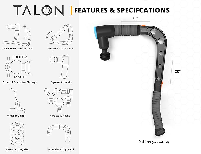 Talon Percussion Massage Gun + Massage Cane + Gun Holder System - Deep Tissue Muscle Massager with Arm Attachment for Whole Body Pain Relief, Upper and Lower Back, Neck & Shoulder Relaxer-Ruum Studio Home