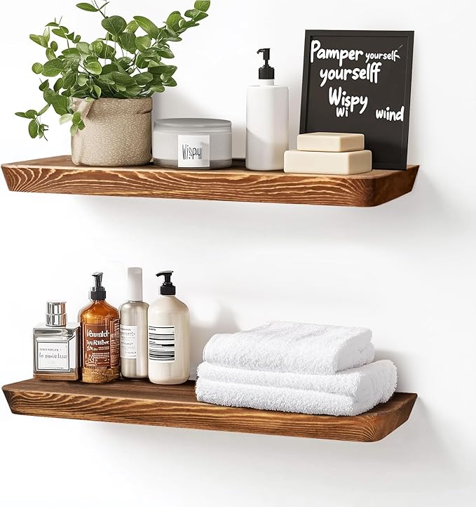 24"x6.8"x1.6" Slanted Floating Wall Shelves 2-Pack - Rustic Brown Finish, Heavy-Duty Solid Wood Design with Hidden Brackets - Perfect for Living Room, Kitchen, Bathroom, or Office-Ruum Studio Home