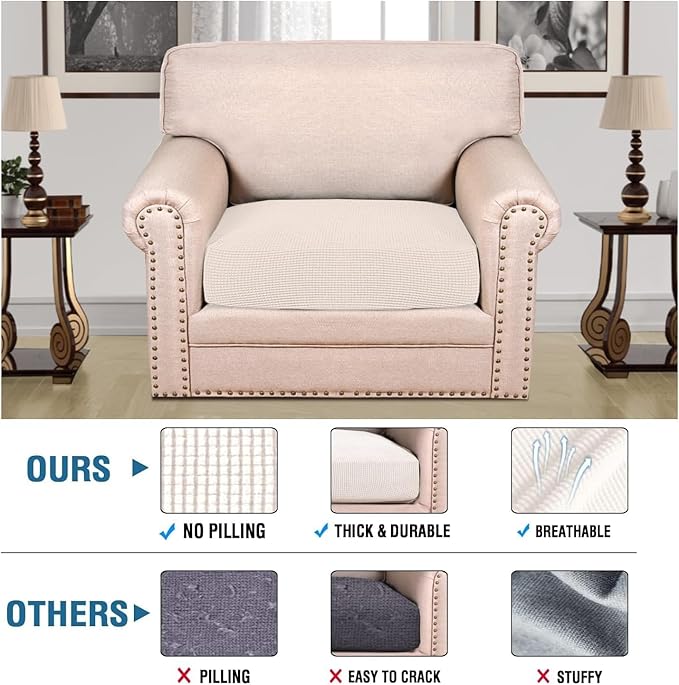 H.VERSAILTEX Super Stretch Individual Seat Cushion Covers Sofa Covers Couch Cushion Covers Slipcover Sets Thick Jacquard Textured Twill Fabric (1 Piece Chair Cushion Cover, Ivory)-Ruum Studio Home