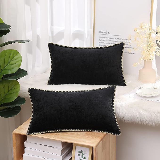 decorUhome Chenille Soft Throw Pillow Covers 12x20 Set of 2, Lumbar Velvet Farmhouse Neutral Decorative Euro Pillow Covers with Stitched Edge for Couch Sofa Bed Home Decor, Black-Ruum Studio Home