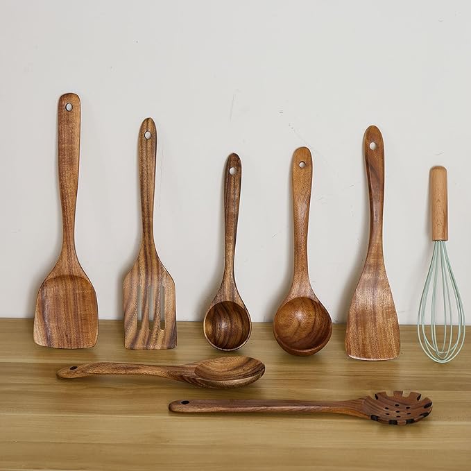Wooden Kitchen Utensils Set, Teak Wood Cooking Spoons for Non-Stick Pans, 8 Pieces-Ruum Studio Home