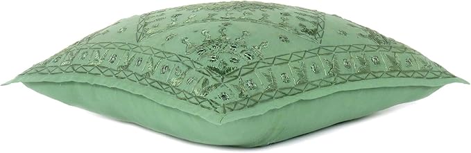 Eyes of India Embroidered Decorative Boho Throw Pillow Cover with Mirrors, Handmade Bohemian Accent Cushion Case for Sofa Couch Bedroom Living Room (Green, 24" x 24")-Ruum Studio Home