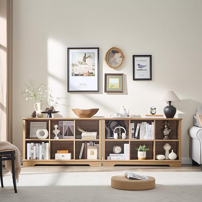 Farmhouse 6 Cube Bookshelf, Storage Organizer Bookcase, Kids Toy Storage Cabinet, Long Bookshelves Storage Organizer Shelf, Wood Display Cabinet Book Shelves for Bedroom,Living Room,Natural Oak-Ruum Studio Home