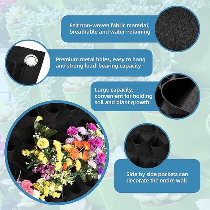 49 Pockets Hanging Planter Bags, Hanging Vertical Wall Mounted Plant Planting Grow Bags, Herb Garden Planter Outdoor Indoor Growing Bag, Gardening Vertical Greening Flower Container(1m×1m, Black)-Ruum Studio Home
