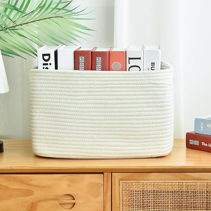 Storage Basket - Woven Cotton Rope Baskets for Organizing, Decorating Shelves, Books, Towels, Toys - 3 Pack - White-Ruum Studio Home