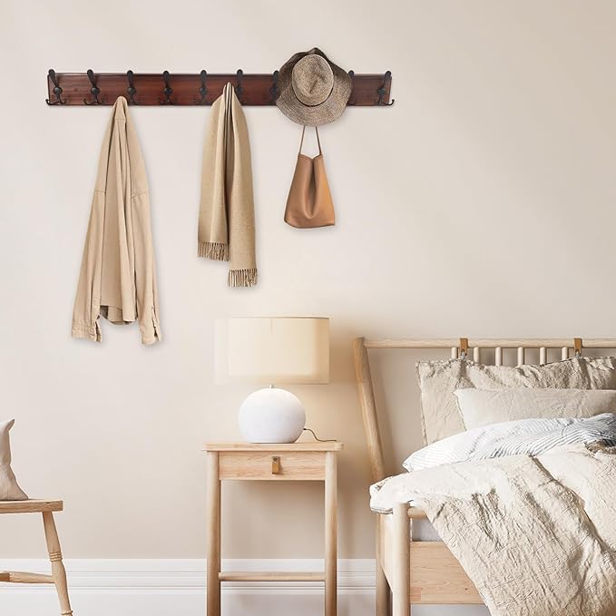 38.6'' Large Coat Rack Wall Mount Coat Hooks Coat Hanger with 10 Metal Black Triple- Hooks Brown Pine Real Wood Plank Hat Rack for Wall Hooks for Hanging Coat Hat Jacket-Ruum Studio Home