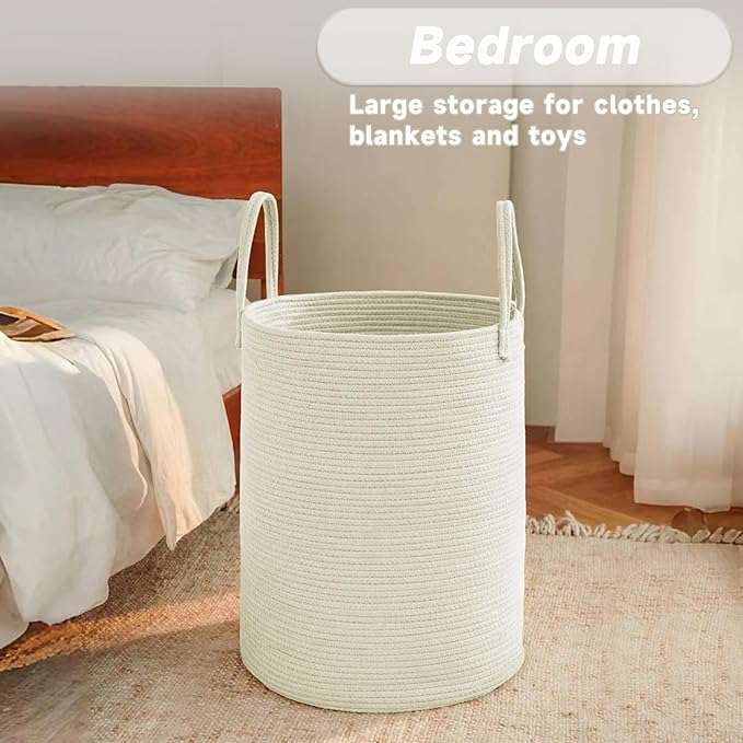 Large Woven Laundry Basket Hamper,80L Cotton Rope Storage Bin for Blankets,Toys and Clothes,Decorative Tall Nursery Hamper for Living Room,Baby Nursery,Bathroom and Bedroom,White-Ruum Studio Home