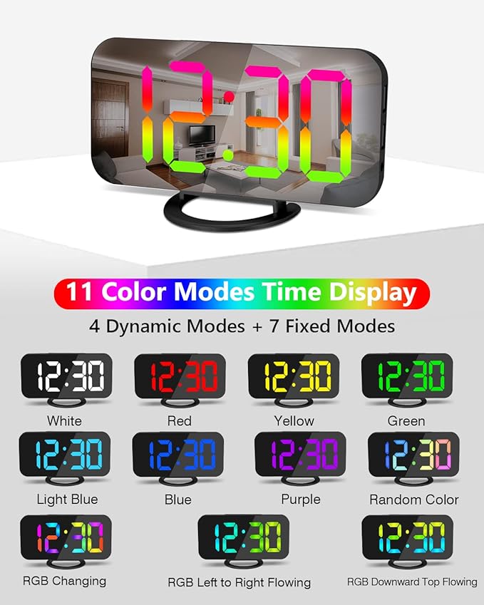 SZELAM LED RGB Digital Alarm Clock,with 11 Color Modes Display,Mirror Surface,Dual USB Charger Ports,Modern Desk Clocks for Bedroom Home Office Decor- Black-Ruum Studio Home