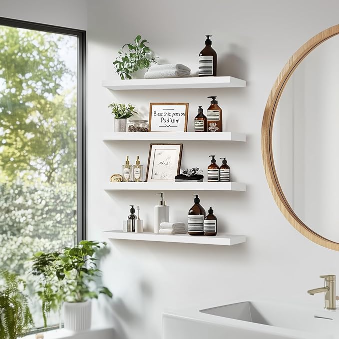 Floating Wall Shelves 4-Pack - Rustic White 16-inch Wooden Wall Shelves for Storage and Décor, Multi-Functional and Easy to Install for Living Room, Bedroom, and Kitchen-Ruum Studio Home