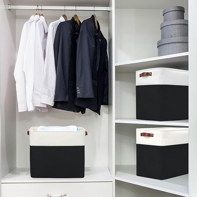 Large Fabric Storage Baskets | 50L Storage Bins, Decorative Linen Closet Baskets with Handles for Organizing, Shelf, Toys, Clothes, Home, Office, Nursery, 17x12x15Inches (Black&White)-Ruum Studio Home