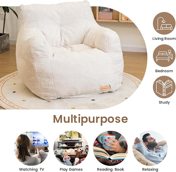 Bean Bag Chair with Filler, Bean Bag Sofa with Tufted Soft Stuffed Filling, Fluffy and Lazy Sofa, Comfy Cozy BeanBag Chairs with Memory Foam for Dorm, Apartment, Living Room (White)-Ruum Studio Home
