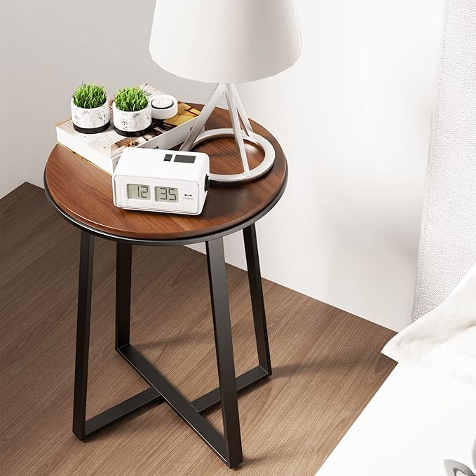 Round End Tables, Small Side Table Walnut Color MDF Top, Metal Frame Black, Tall End Table for Bed Room, Coffee Tea End Table for Living Room(Walnut+Black)-Ruum Studio Home