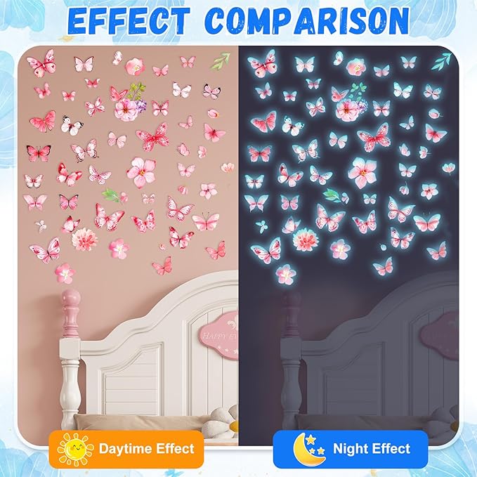 Glow in The Dark Butterfly Flower Wall Decals Glowing Luminous Butterflies Removable Self-Adhesive Wall Stickers for Girls Bedroom Nursery Living Room Decor 4 Sheets (Butterfly 2)-Ruum Studio Home