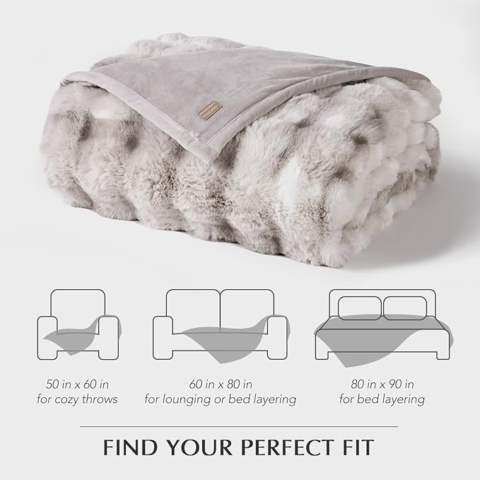 EVERGRACE Ultra Soft Luxury Fluffy Ridgeline Faux Rabbit Fur Throw Blanket, Thick Warm Bubble Throw for Bed, Cozy Plush Reversible Blankets for Couch, Chair, Sofa, Light Grey, 60x80 Inches, 870 GSM-Ruum Studio Home