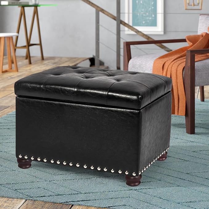 Joveco Leather Storage Ottoman, 24" Rectangle Tufted Foot Rest Stool, for Living Room Bedroom, Midnight Black-Ruum Studio Home