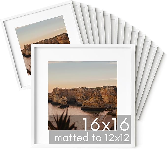 HAUS AND HUES 16x16 White Metal Picture Frames Matted to 12x12 - Features Premium Aluminum & Hanging Hardware, Shatterproof Plexiglass - Ideal for Home, Room, Office (16x16 in, White, Set of 15)-Ruum Studio Home