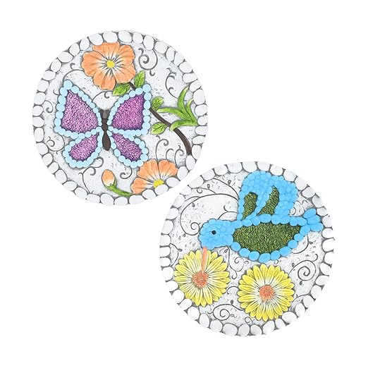 Garden Stepping Stones Set of 2 Butterfly Outdoor Garden Decor 10 inch Round Decorative Stones Pavers for Garden Walkway Landscaping, Hummingbird Gifts (N6-YYD334)-Ruum Studio Home