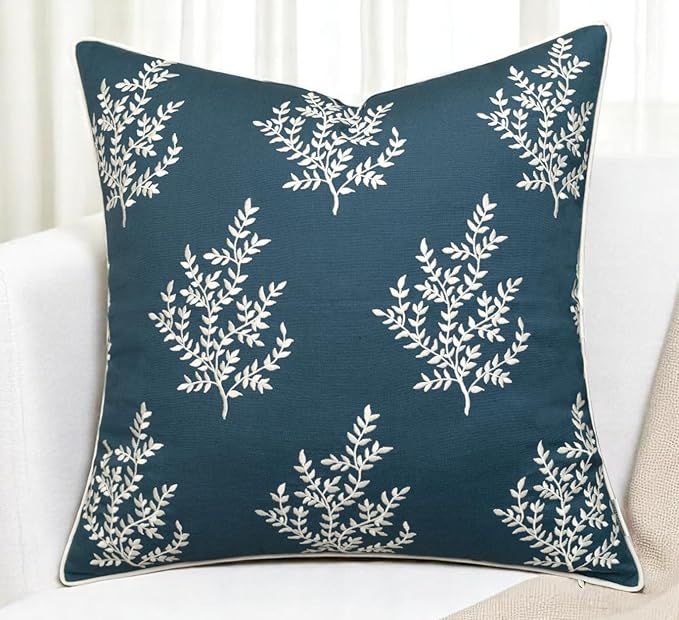 VAGMINE Embroidered Leaves Throw Pillow Cover - 20x20 Inches Square - 100% Cotton Teal Decorative Cushion Cover - Luxurious Embroidery Pattern - Vibrant Boho Accent for Sofa, Bed, Chair, Living Room-Ruum Studio Home
