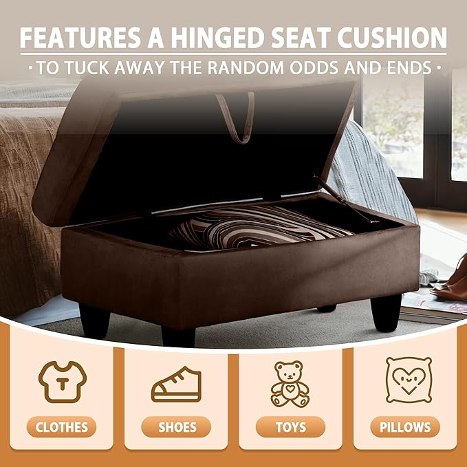 Ottoman Rectangular Storage Ottoman Bench, Flannel Footrest Stool Footstool with Lid for Living Room, Bedroom, Entryway, Chocolate, 28.5"x19"x17.5"-Ruum Studio Home
