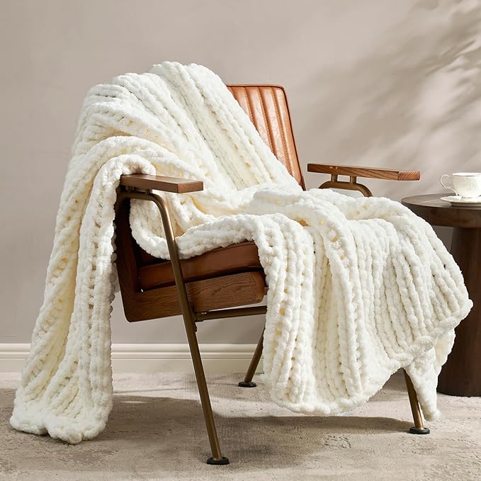 Amélie Home Chunky Knit Throw Blanket for Couch, Soft Chenille Crochet Blanket for Children, 40"x50", Ivory-Ruum Studio Home