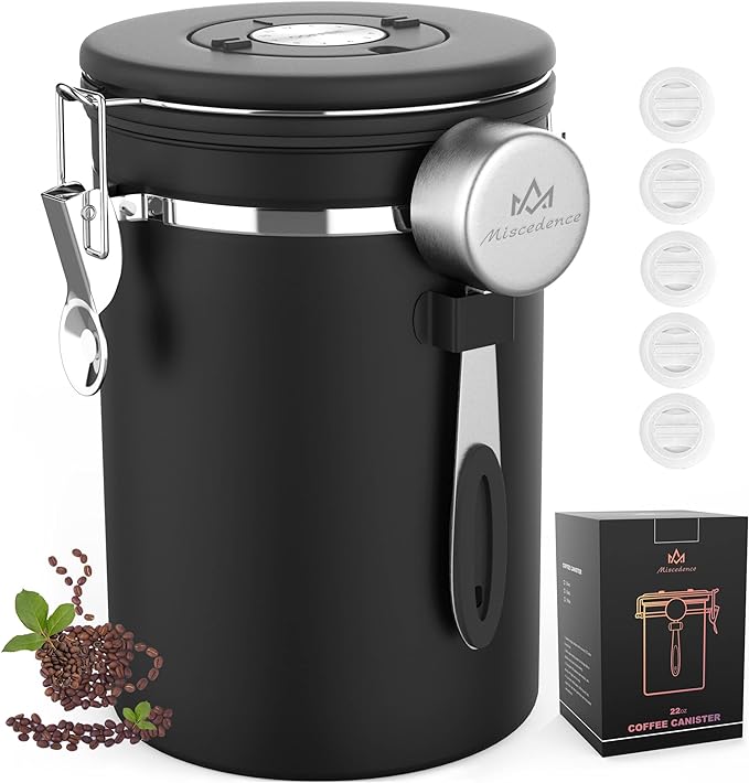 Coffee Canister with Scoop,Date Tracker 304 Stainless Steel Airtight Container One-Way CO2 Valve for Coffee Beans,Tea,Sugar,Kitchen Storage (Black, 22oz)-Ruum Studio Home