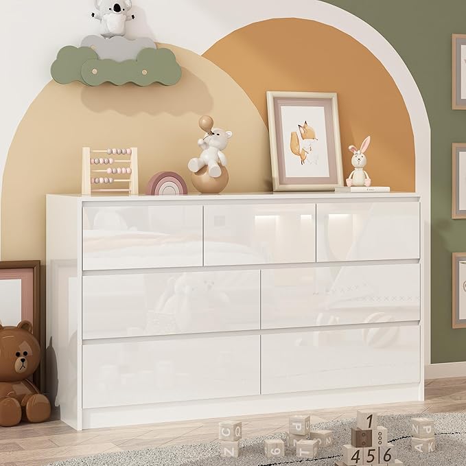 White Malm Dresser for Bedroom, 55 Inch Full High Gloss Dresser with 7 Drawers, Modern Large Wood Chest of Drawer Handle Free, Living Room, Entryway, Hallway, White-Ruum Studio Home