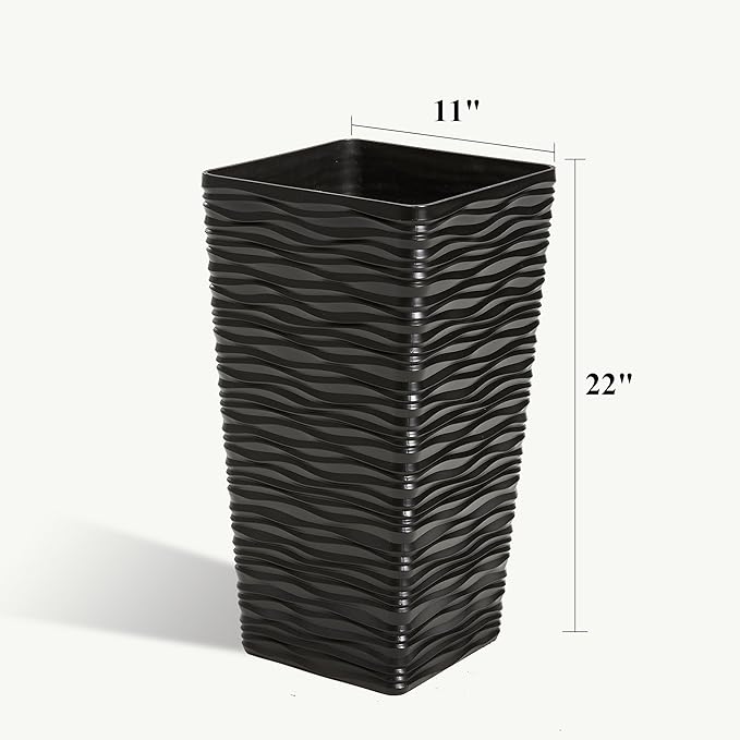 Worth Garden 2-Pack Black Tall Planter - Plastic Square Tapered Tree Plant Pots for Indoor Outdoor - 22" H - Modern Wavy Finish Decorative Flower Pots for Front Porch Containers Patio Deck-Ruum Studio Home