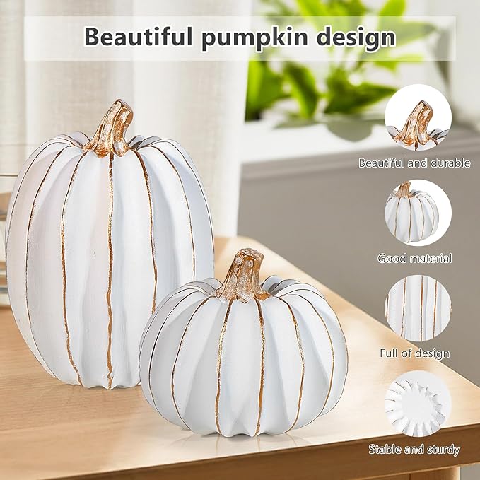 2Pcs Halloween Pumpkin Artificial Resin Pumpkins Decor for Mantel Harvest Autumn Tabletop Decoration Gold Fall Pumpkin Decorations Thanksgiving Table Centerpieces (Set C, ONE Size)-Ruum Studio Home