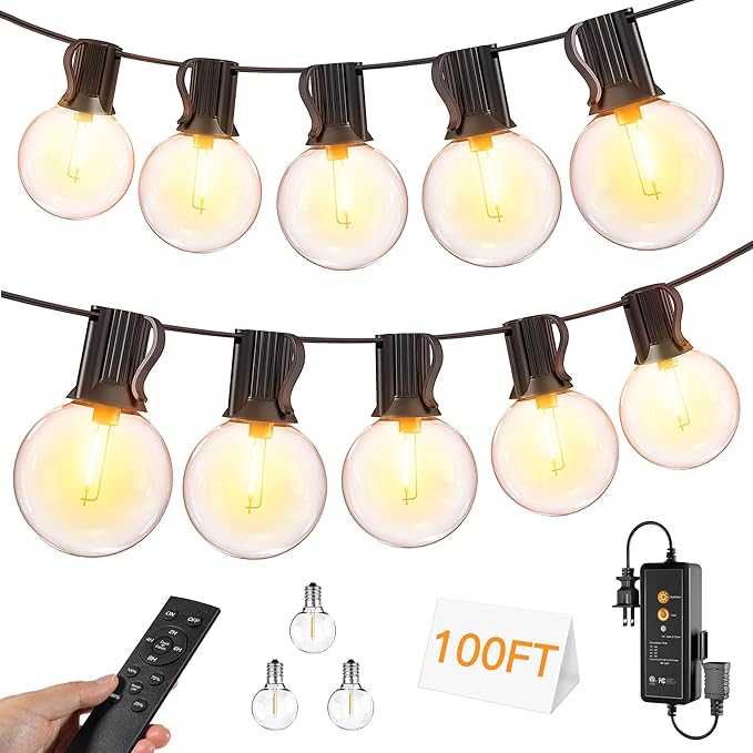 Outdoor Lights with Remote Dimmer, 50 + 3 Spare G40 LED Bulbs Plug in Connectable Patio Light, Waterproof Hanging Lights for Backyard Indoor Camping Balcony Yard Deck Decor (100 FT)-Ruum Studio Home