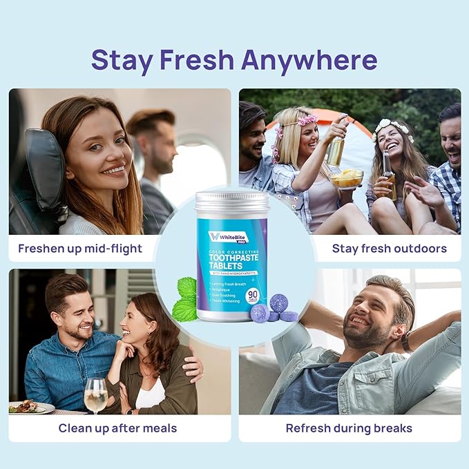 Whitebite Pro Color Correcting Toothpaste Tablets with Nano Hydroxyapatite | Fresh Breath & Natural Whitening | Travel-Friendly Toothpaste & Mouthwash | Fluoride and Plastic-Free (Peppermint)-Ruum Studio Home