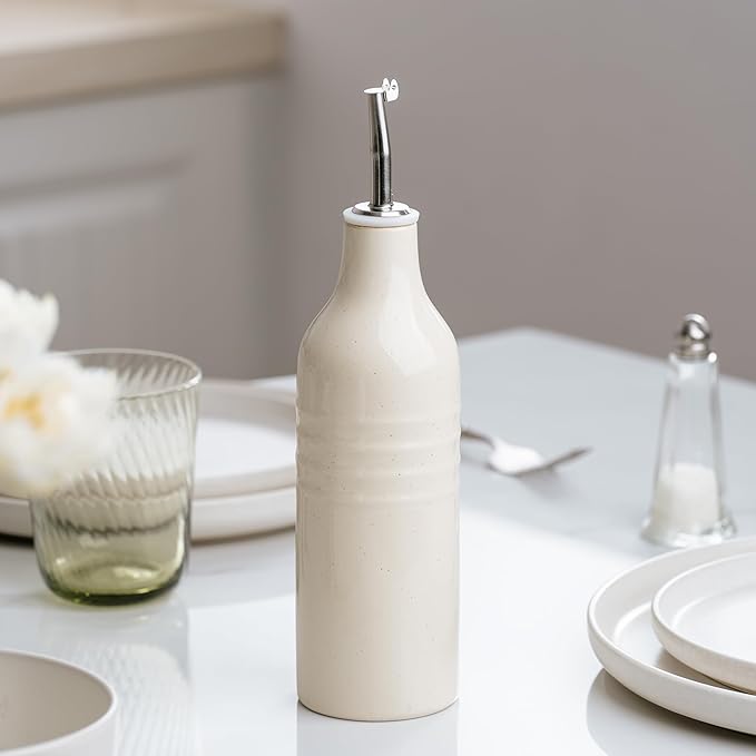 famiware Jupiter 16oz Ceramic Olive Oil Dispenser Bottle, 1 Piece Oil Dispenser for Kitchen with Stainless Steel Pourers, Suitable for Storage Vinegar, Soy Sauce, Coffee Syrup, Vanilla White-Ruum Studio Home