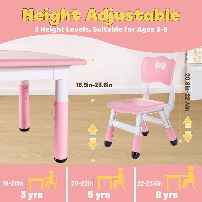 FUNLIO Kids Table and 4 Chairs Set for Ages 3-8, Height Adjustable Toddler Table and Chair Set, Easy to Wipe Arts & Crafts Table, for Classrooms/Daycares/Homes, CPC & CE Approved (5 pcs Set) - Pink-Ruum Studio Home