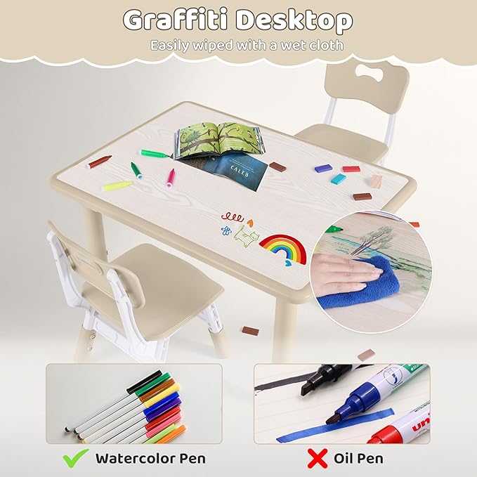 Kids Table and 2 Chairs Set, Height Adjustable (17.7"-26.1") Toddler Table and Chair Set, Multi-Activity Table with Graffiti Desktop, Children’s Table and Chairs for Classroom, Home & Daycare-Ruum Studio Home