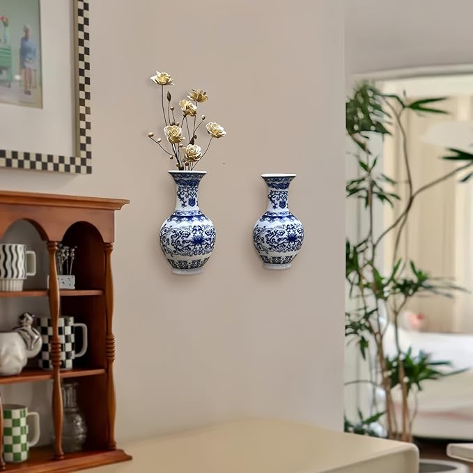 Set of Two Blue and White Porcelain Wall Vases for Flowers – Handmade Chinoiserie Ceramic Wall Mounted Flower Vase, Decorative Hanging Vases for Living Room, Bookshelf & Indoor Décor-Ruum Studio Home