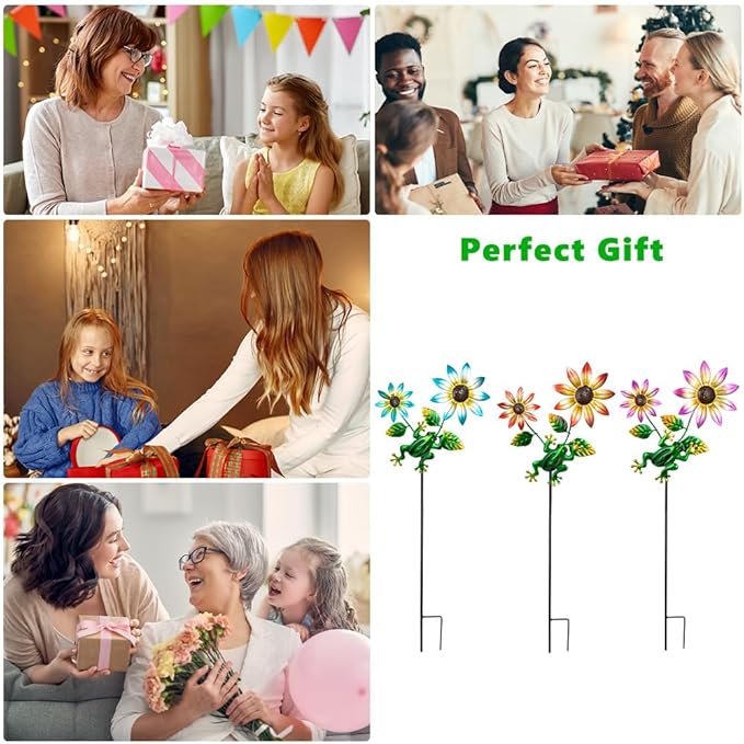 3 Pack Frog＆Flowers Garden Stakes Decor,Metal Yard Art Decorative Garden Stakes,Metal Flowers Spring Outdoor Decor for Mom,Women,Grandma-Ruum Studio Home