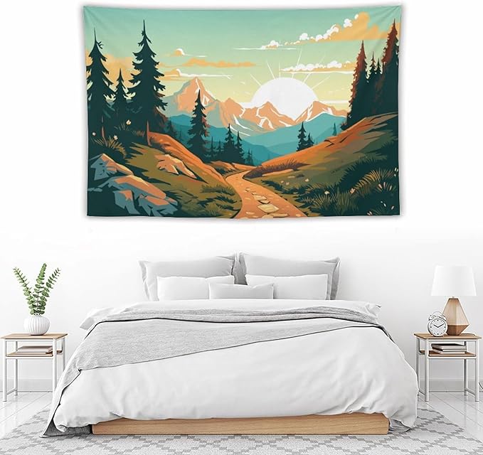 HZOHNAGO Mountain Tapestry Forest Mountain Sunrise Road Pattern Printed Wall Tapestry Wall Hanging for Bedroom Living Room Dorm 90" W x 60" H-Ruum Studio Home