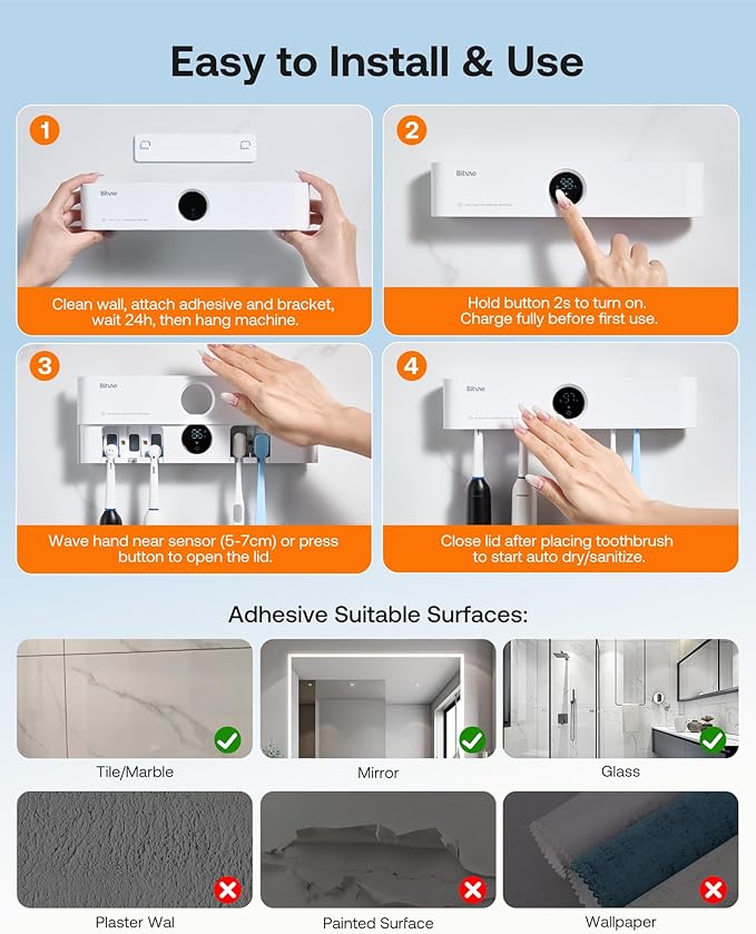 Bitvae Toothbrush Holder, Cleaning and Fast Drying, 5 Toothbrush Slots or Shaver Slot Accessories for Family, LED Smart Screen, Wall Mounted Holders for Bathrooms-Ruum Studio Home