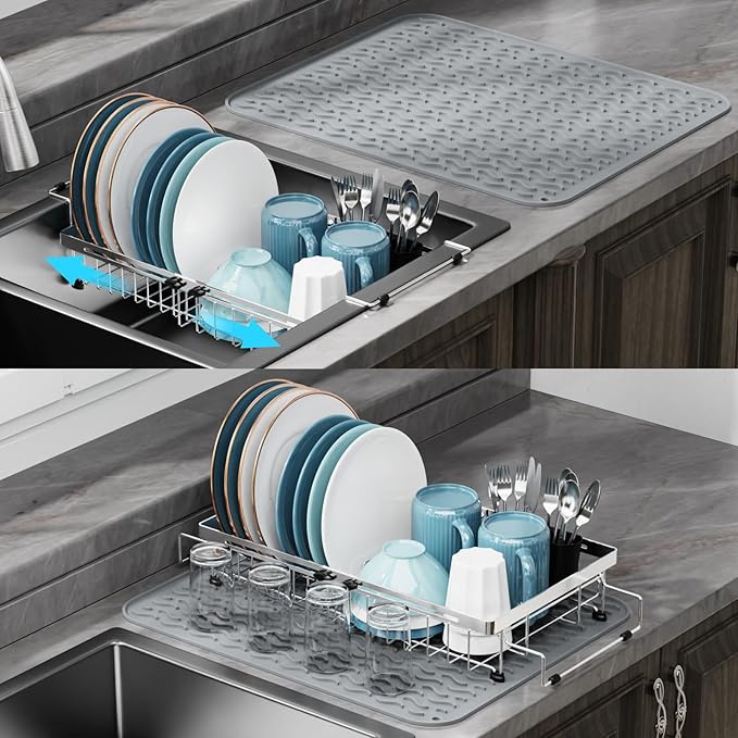 GSlife in Sink Dish Drying Rack - Capacity Expandable Stainless Steel Over Sink Dish Drainer Drying Rack (13.4''-20.4'') with Silicone Mat for Kitchen Counter Large Capacity, Black-Ruum Studio Home