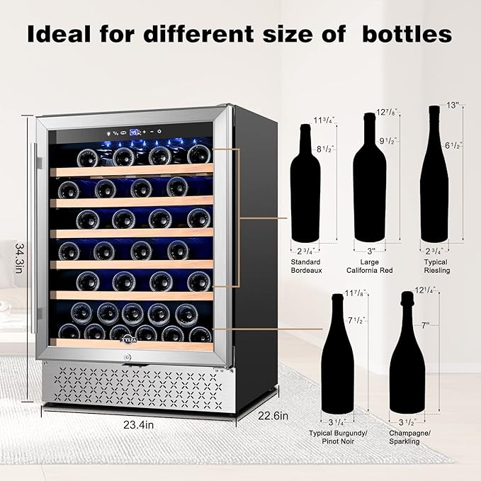 Tylza 24 Inch Wine Cooler Refrigerator, 51 Bottle Built-in or Freestanding, 24'' Fridge with Stainless Steel & Double Layer Tempered Glass Door and Temperature Memory Function-Ruum Studio Home