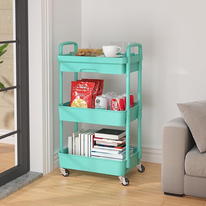 Calmootey 3-Tier Rolling Utility Cart with Drawer,Multifunctional Storage Organizer with Plastic Shelf & Metal Wheel,Storage Cart for Kitchen,Bathroom,Living Room,Office,Green-Ruum Studio Home