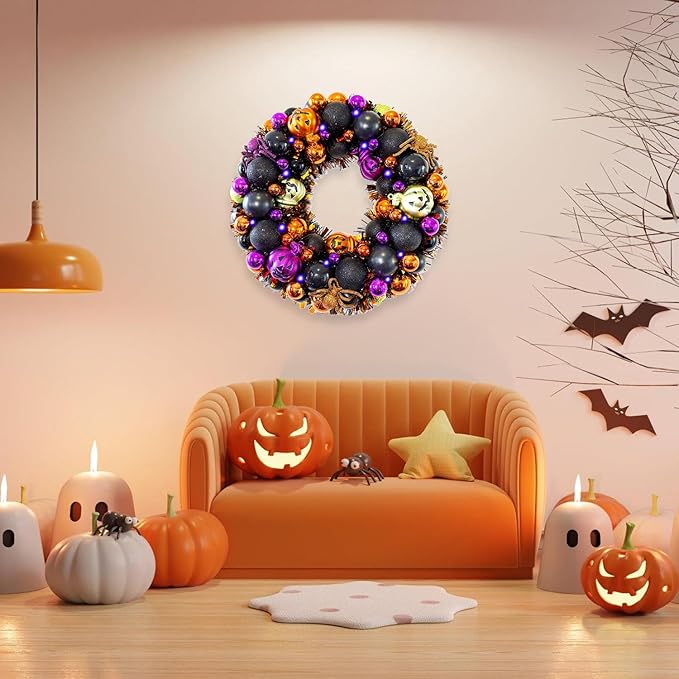 13.8 Inch Halloween Ball Wreath for Front Door with Lights, Lighted Cute Treat-or-Trick Door Wreath Ball Ornament for Halloween Indoor Decorations Centerpiece Party Holiday Wall Home Decor-Ruum Studio Home