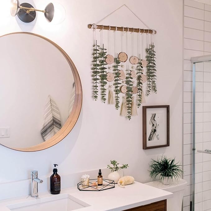 Artificial Eucalyptus Wall Decor Fake Greenery Leaves Stems Wall Hanging Plants on 16.5 inch Wooden Stick Boho Rustic Farmhouse Decor for Bedroom Kitchen Dining Room Bathroom-Ruum Studio Home