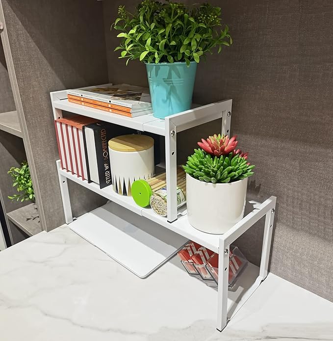 Expandable Cabinet Shelf Organizer 16-26" L Stackable Kitchen Counter Shelf Rack Stand Sink Riser Countertop Storage White (Normal 7.9”D)-Ruum Studio Home