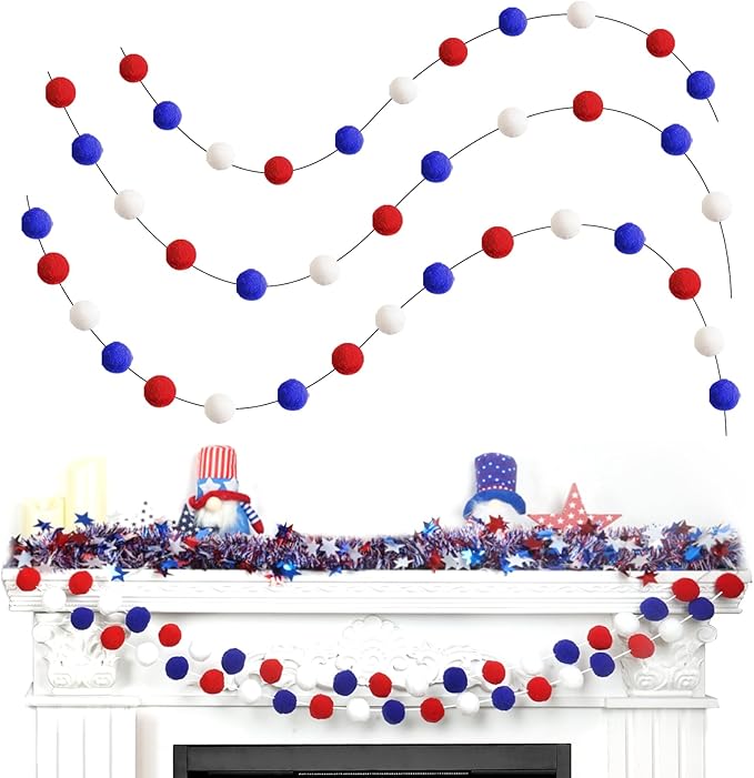 TBD Decor 3pk 4th of July Decorations Patriotic Red White Blue Pom Pom Garland 20FT 4cm Large Felt Ball Garland for Independence Day,Party Home Supplies Decorations-Ruum Studio Home